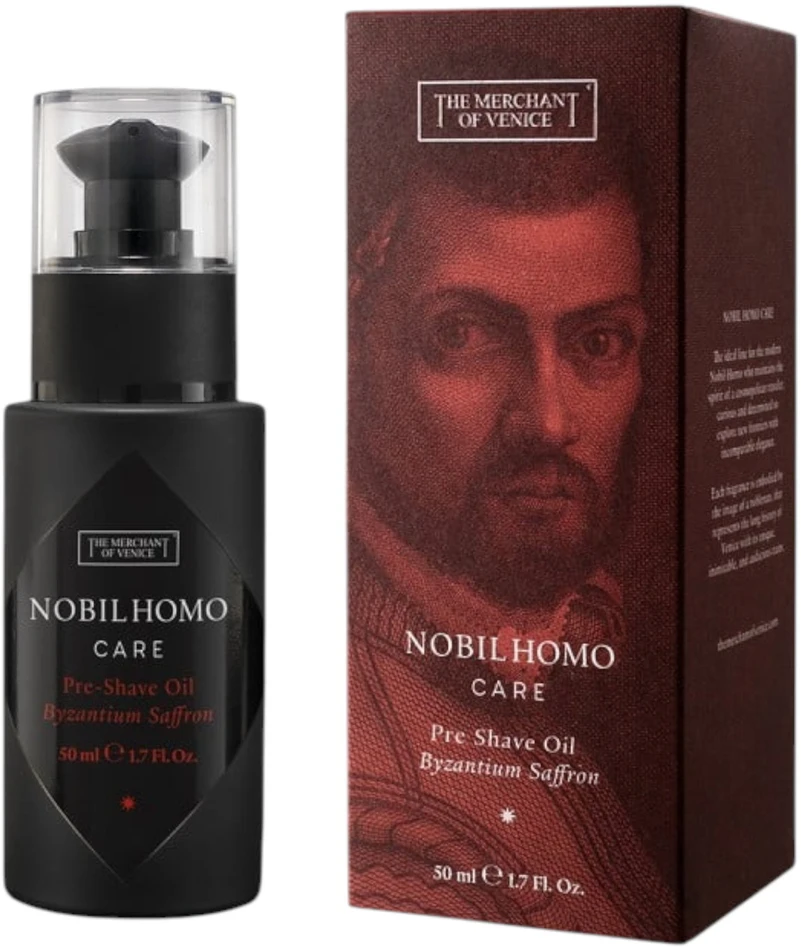 „The Merchant Of Venice Byzantium Saffron“ alyvuogių aliejaus drėkinamasis ir minkštinamasis aliejus prieš skutimąsi, 50 ml