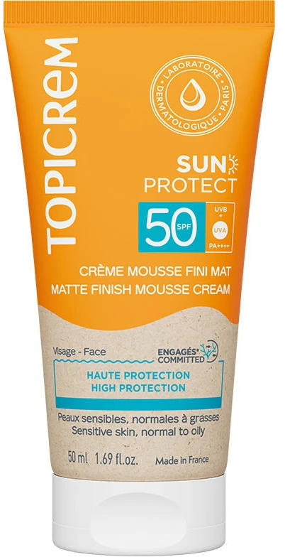 „Topicrem Sun Protect“ drėkinamosios ir apsauginės putos veidui ir kūnui prieš buvimą saulėje SPF 50, 50 ml