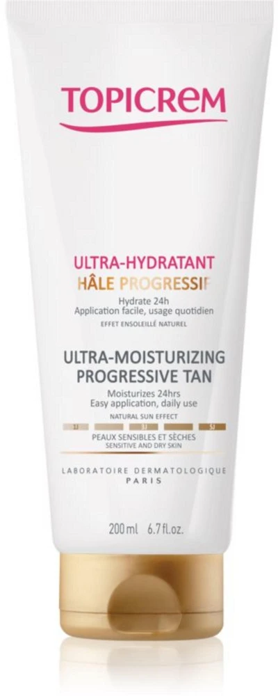 Topicrem Ultra-Moisturizing Progrerssive Tan drėkinamasis savaiminio įdegio losjonas sausai ir jautriai odai, 200 ml