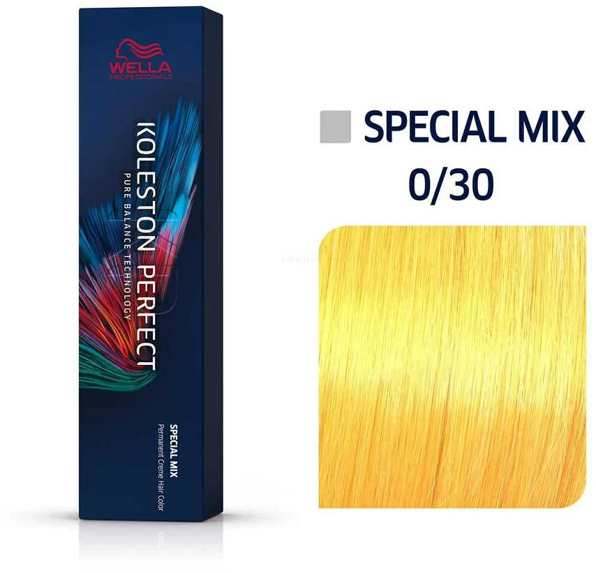 Wella Koleston Perfect 0/30 dažų pakuotė ir spalvos pavyzdys