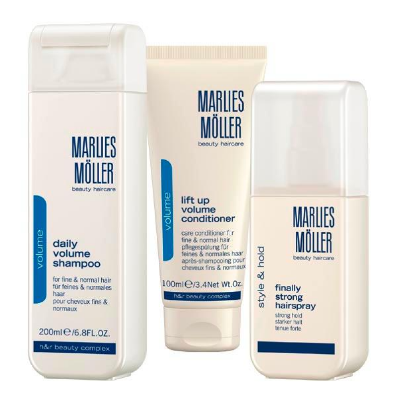 Kalėdinis rinkinys Marlies Moller: Pakeliamasis plaukų apimčiai kondicionierius, 100 ml + „Finally Strong“ plaukų lakas stipriai fiksuojamam formavimui, 125 ml + „Daily Volume“ plaukų šampūnas, 200 ml