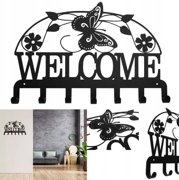 Sieninė kabykla rūbams ir raktams Welcome, 40cm, juodos spalvos