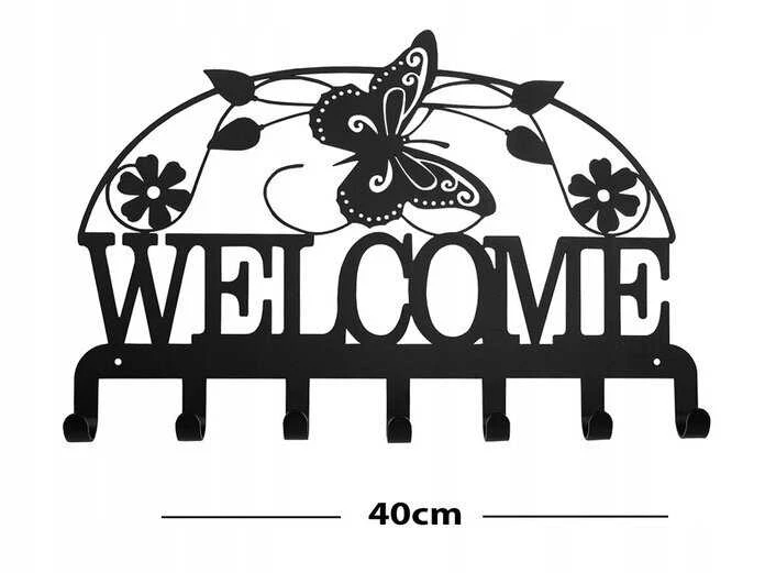 Sieninė kabykla rūbams ir raktams Welcome, 40cm, juodos spalvos