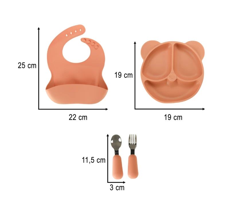Vaikiškas silikoninių indų rinkinys, oranžinis, 4 vnt.