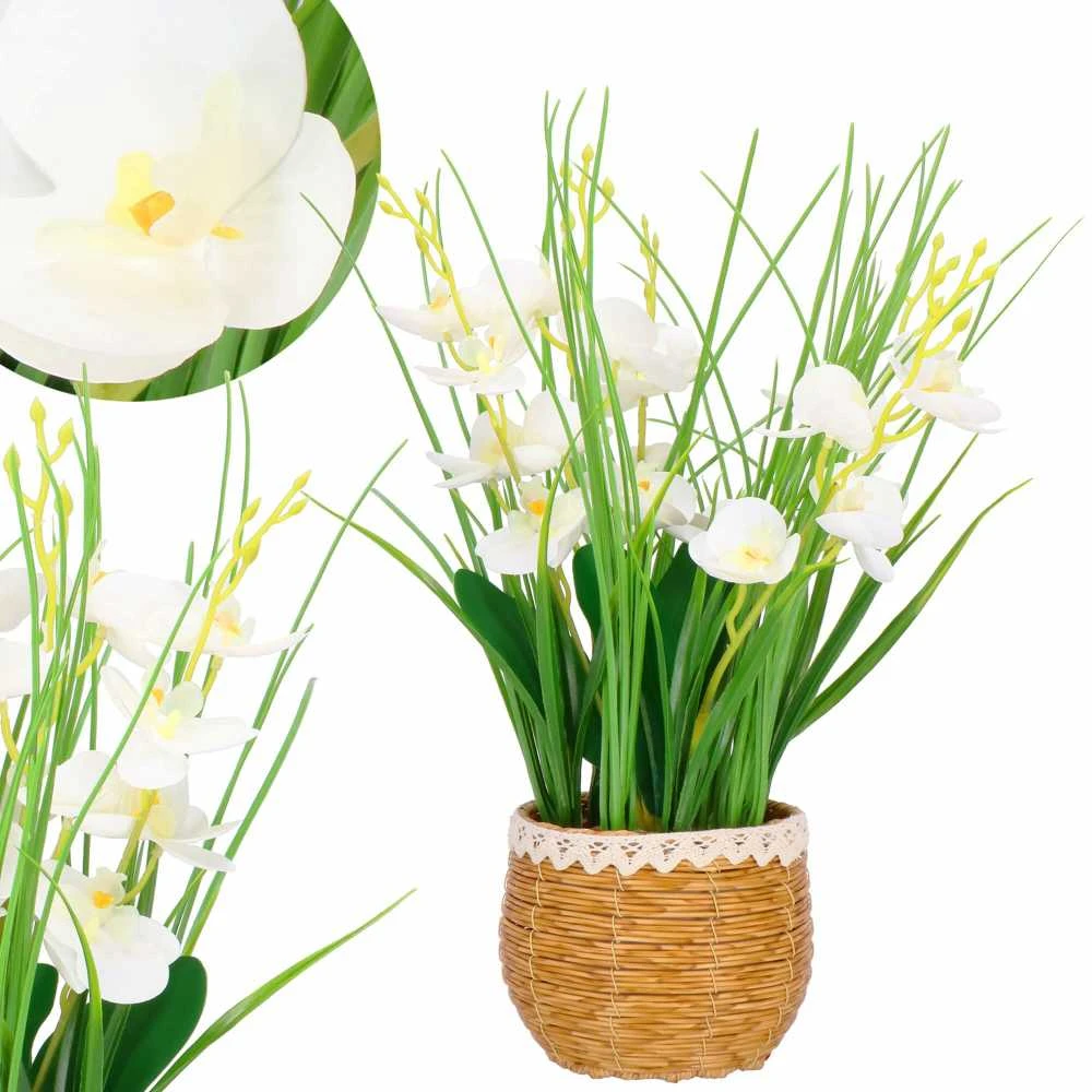 Dirbtinė orchidėja pintame vazone
