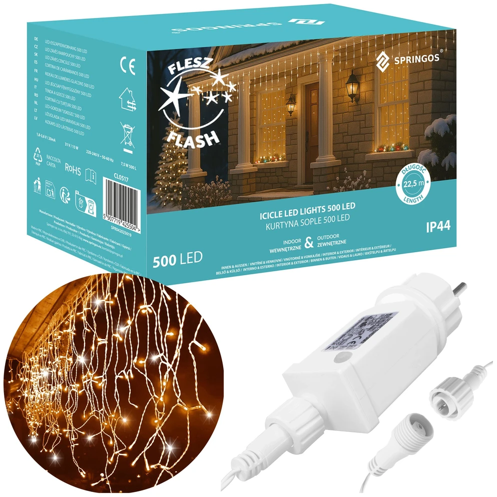 LED varveklio girlianda Springos CL0517, 500 LED, šiltai balta su šaltai balto mirksėjimu