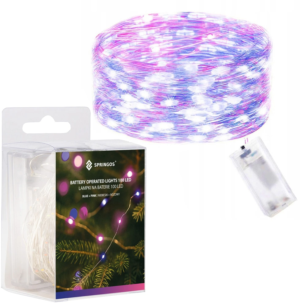 Springos Šviesos girlianda su 100 LED lempučių, rožinė ir mėlyna
