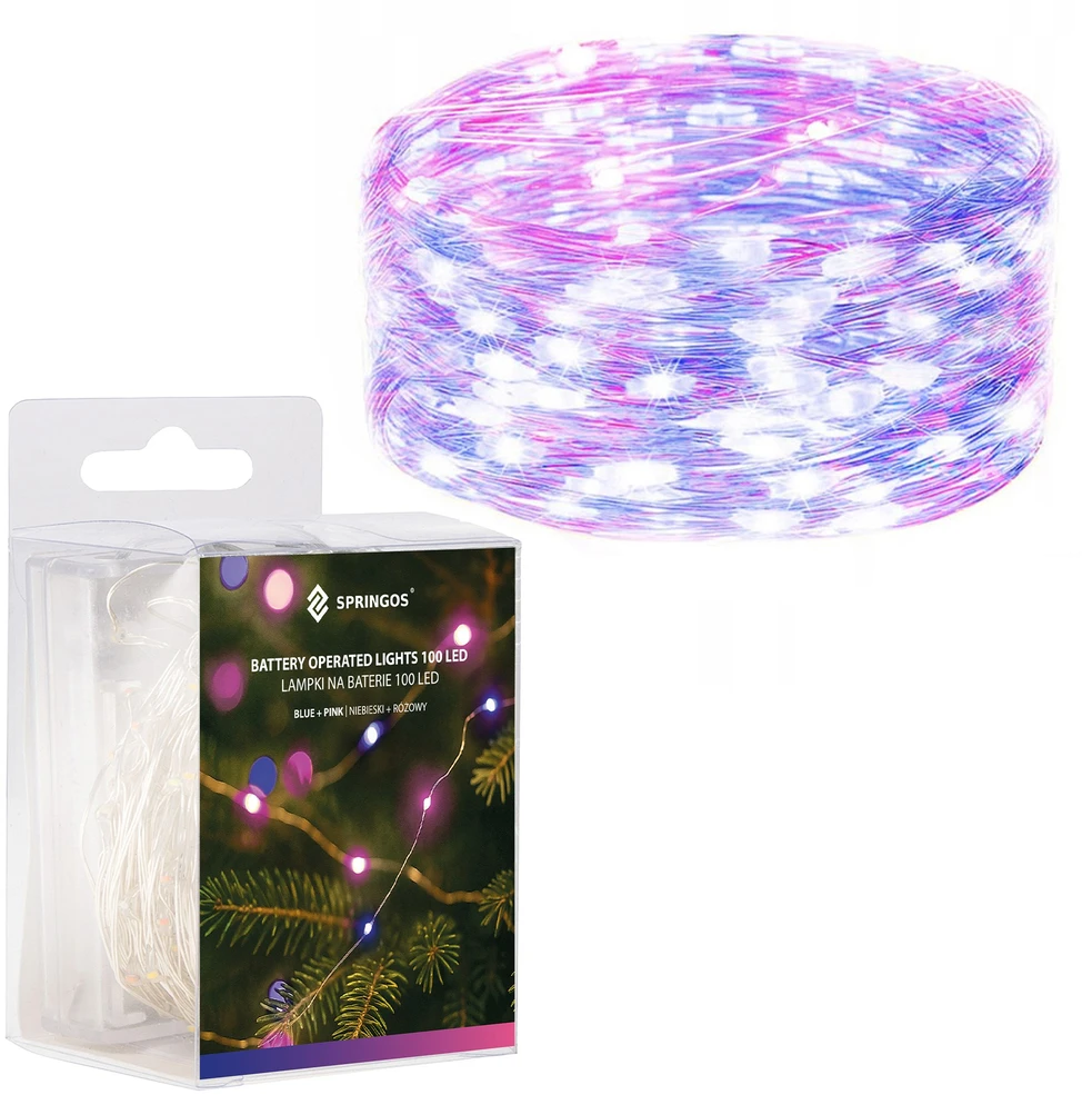 Springos Šviesos girlianda su 100 LED lempučių, rožinė ir mėlyna