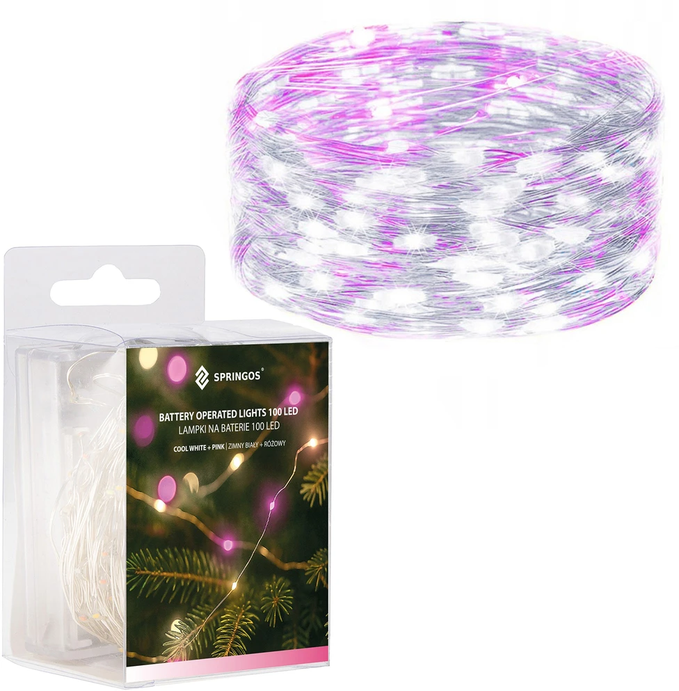 Springos LED girlianda 100 mikro lempučių, šaltai balta ir rožinė, 9,9 m