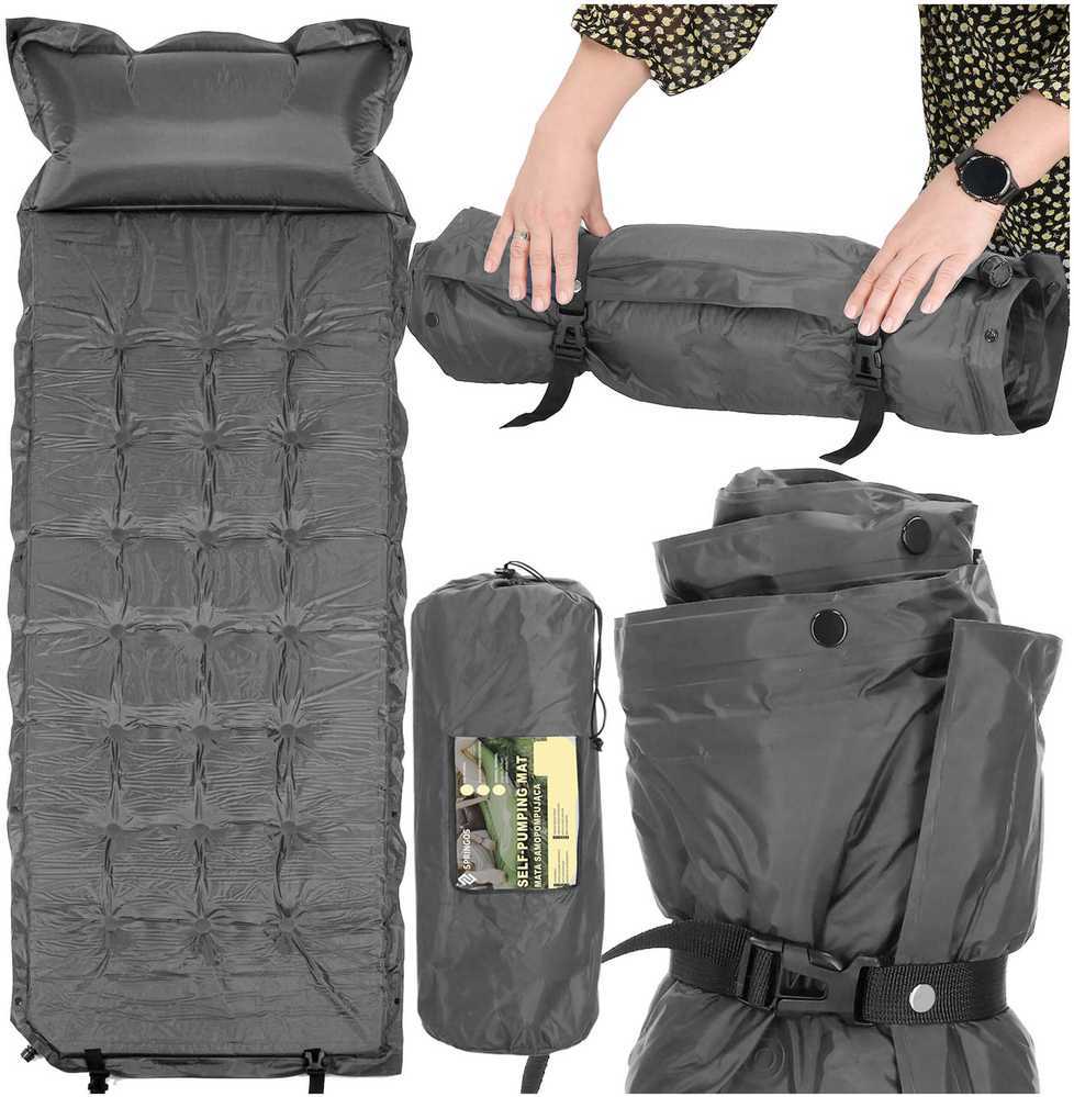 Turistinis kilimėlis Springos 193 cm su pagalvėle ir dėklu, pilkas