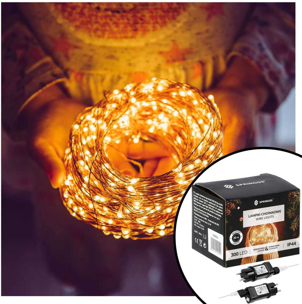 Springos LED kalėdinė girlianda, 300 mikro LED, 8 režimų, šiltai balta, 33 m