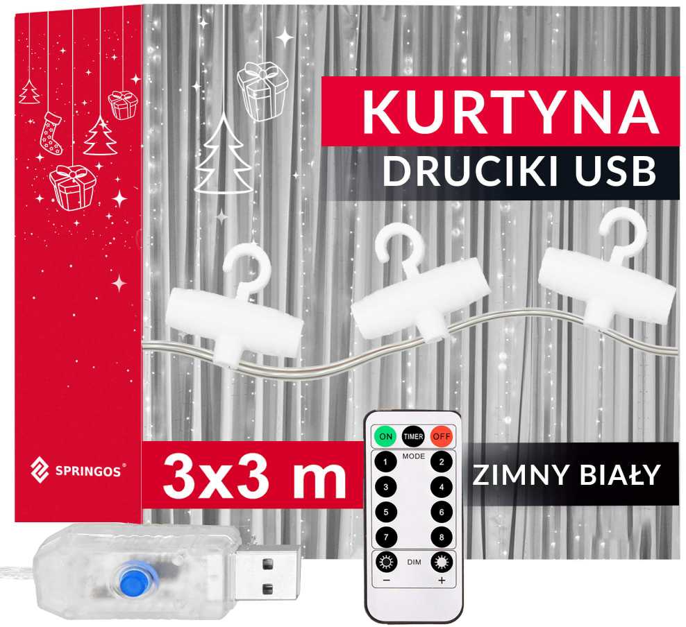 Kalėdinės užuolaidinės lemputės Springos 300 LED, 3x3 m, šaltai balta
