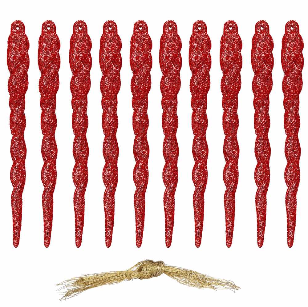 Springos Kalėdinių eglutės žaisliukų, varveklių, 10 vnt., nedūžtančių dekoracijų, 12 cm, raudonos spalvos, blizgučiais