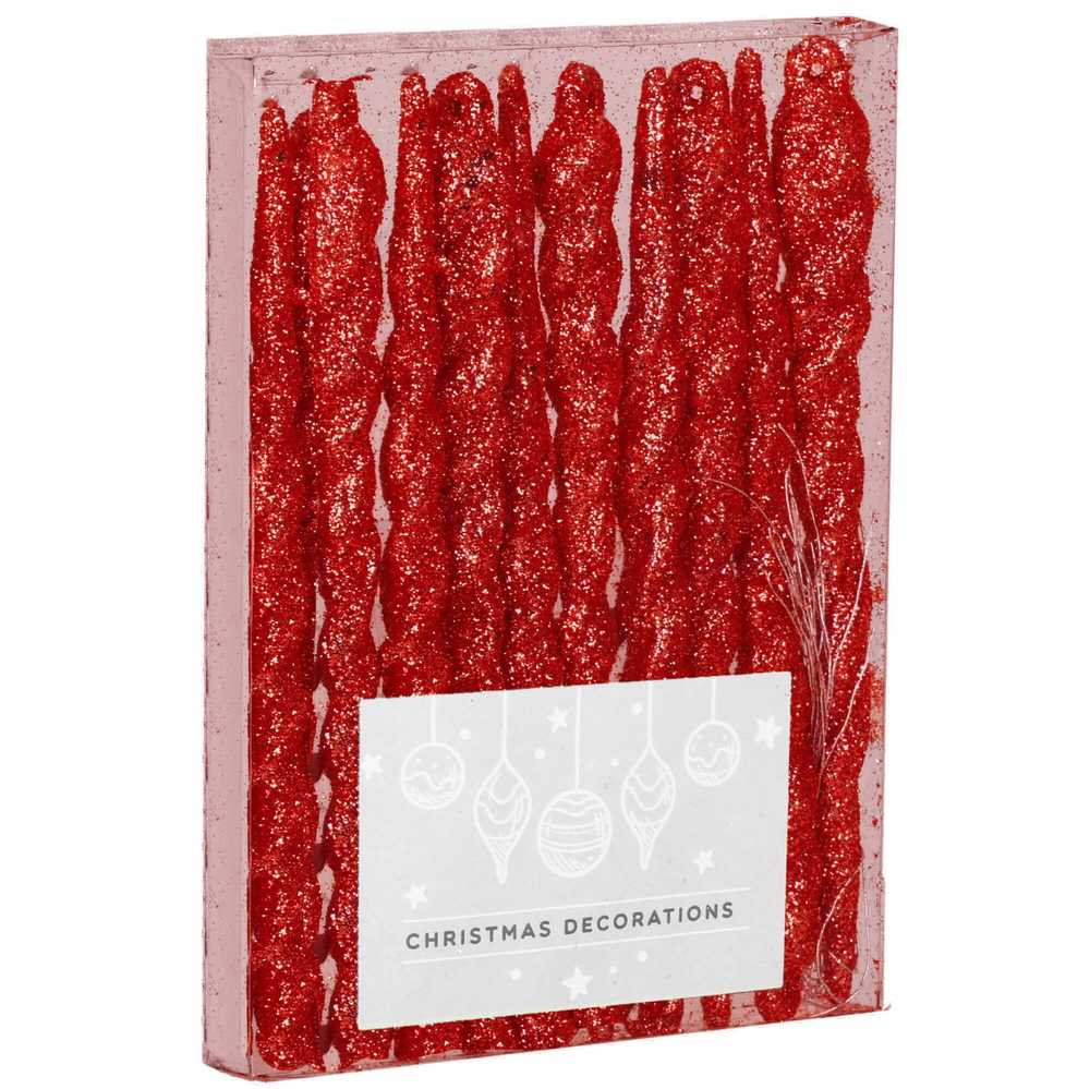 Springos Kalėdinių eglutės žaisliukų, varveklių, 10 vnt., nedūžtančių dekoracijų, 12 cm, raudonos spalvos, blizgučiais
