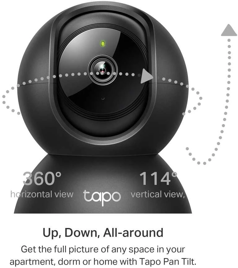 TP-LINK Pan/Tilt namų apsaugos WiFi kamera su dienos/nakties vaizdu, 1080p FHD, Micro SD kortelių talpa iki 128 GB, H.264 vaizdo įrašas, 360/114 žiūrėjimo kampas.