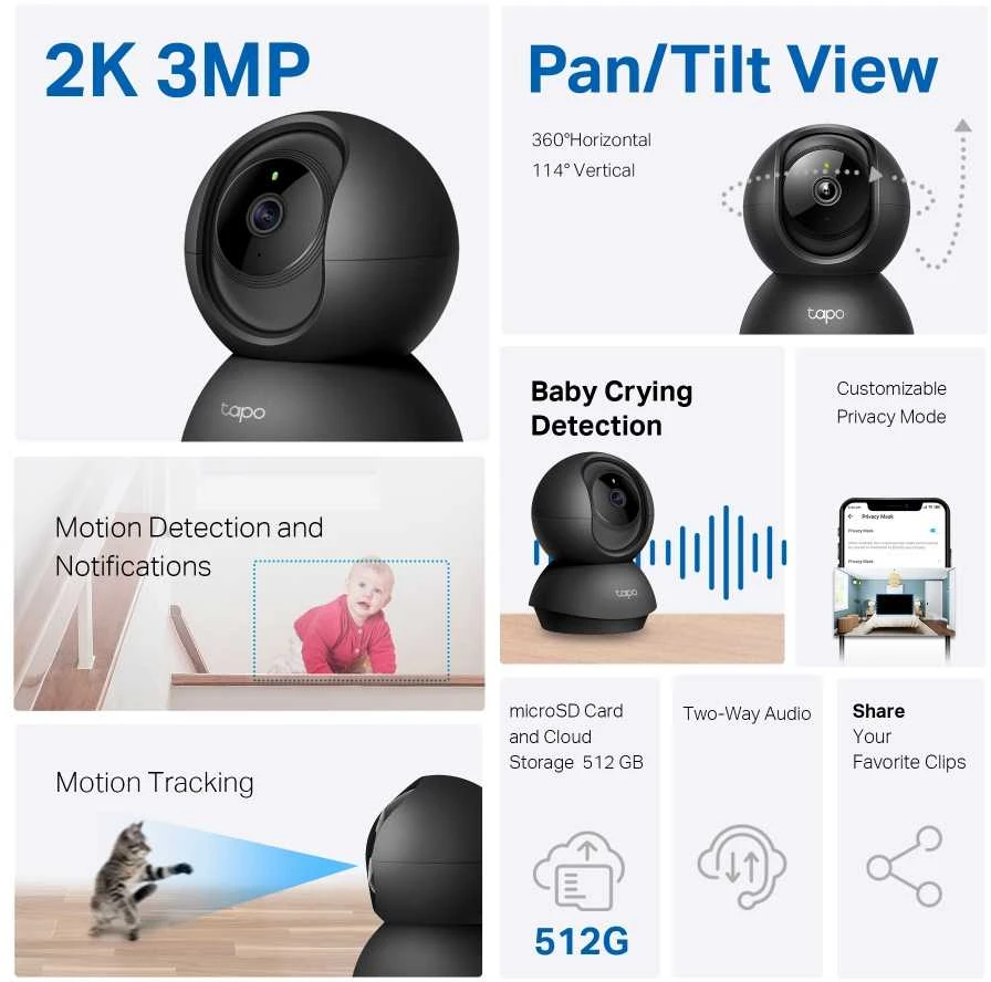TP-LINK Pan/Tilt namų apsaugos WiFi kamera su dienos/nakties vaizdu, 1080p FHD, Micro SD kortelių talpa iki 128 GB, H.264 vaizdo įrašas, 360/114 žiūrėjimo kampas.