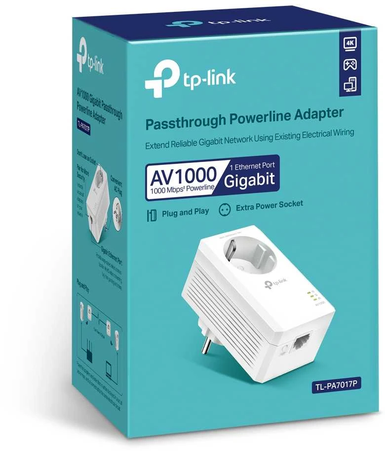 TP-LINK | AV1000 Gigabit Passthrough Powerline Adapteris | TL-PA7017P | 1000 Mbit/s | Ethernet LAN (RJ-45) jungtys 1 | Nėra „Wi-Fi“ | Papildomas lizdas