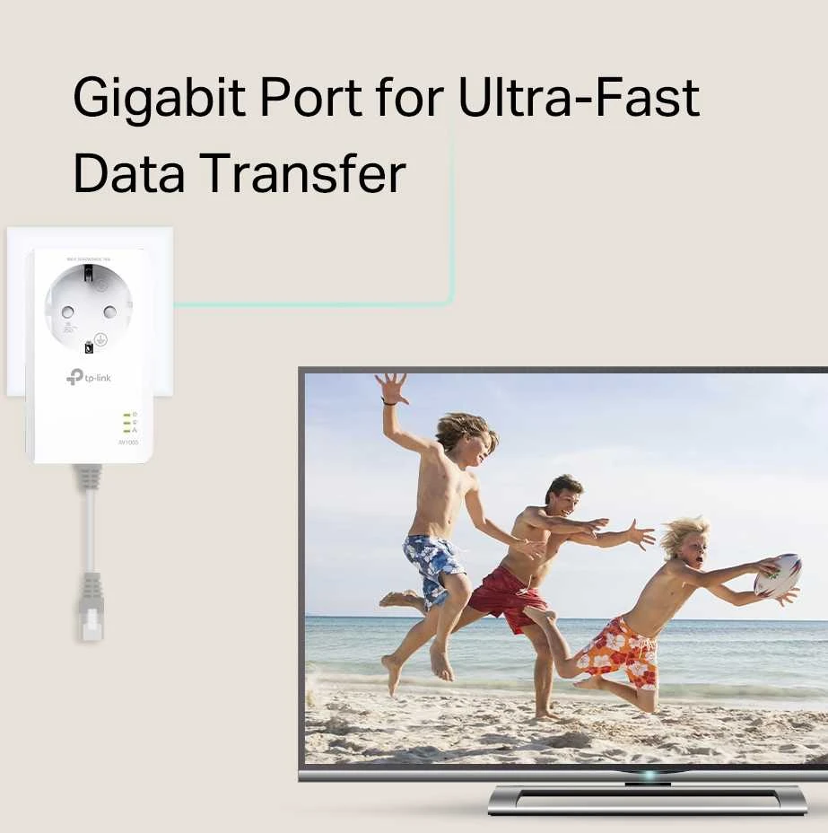 TP-LINK | AV1000 Gigabit Passthrough Powerline Adapteris | TL-PA7017P | 1000 Mbit/s | Ethernet LAN (RJ-45) jungtys 1 | Nėra „Wi-Fi“ | Papildomas lizdas