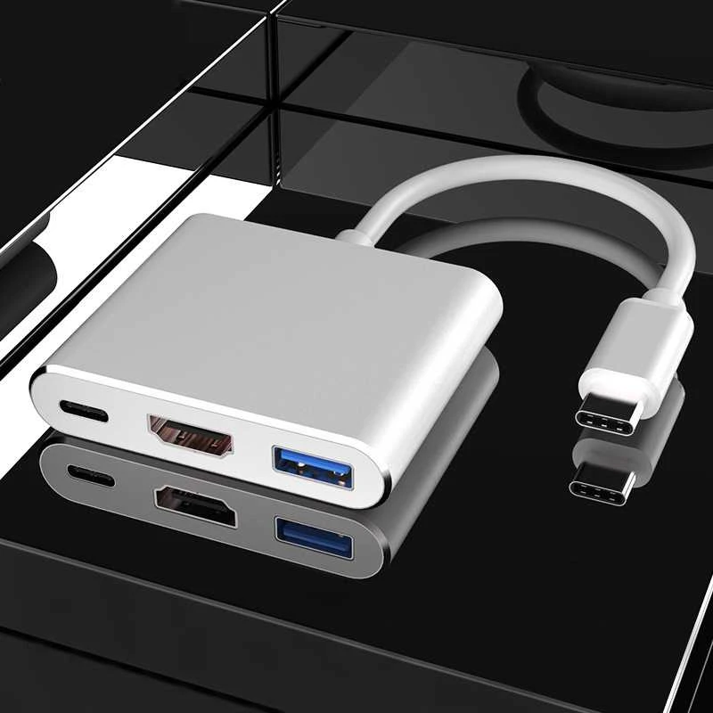 Aluminiuotas adapteris HUB 3w1 USB-C į HDMI 4K, USB 3.1, USB-C - sidabrinis
