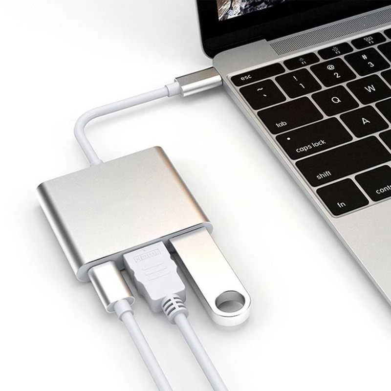 Aluminiuotas adapteris HUB 3w1 USB-C į HDMI 4K, USB 3.1, USB-C - sidabrinis