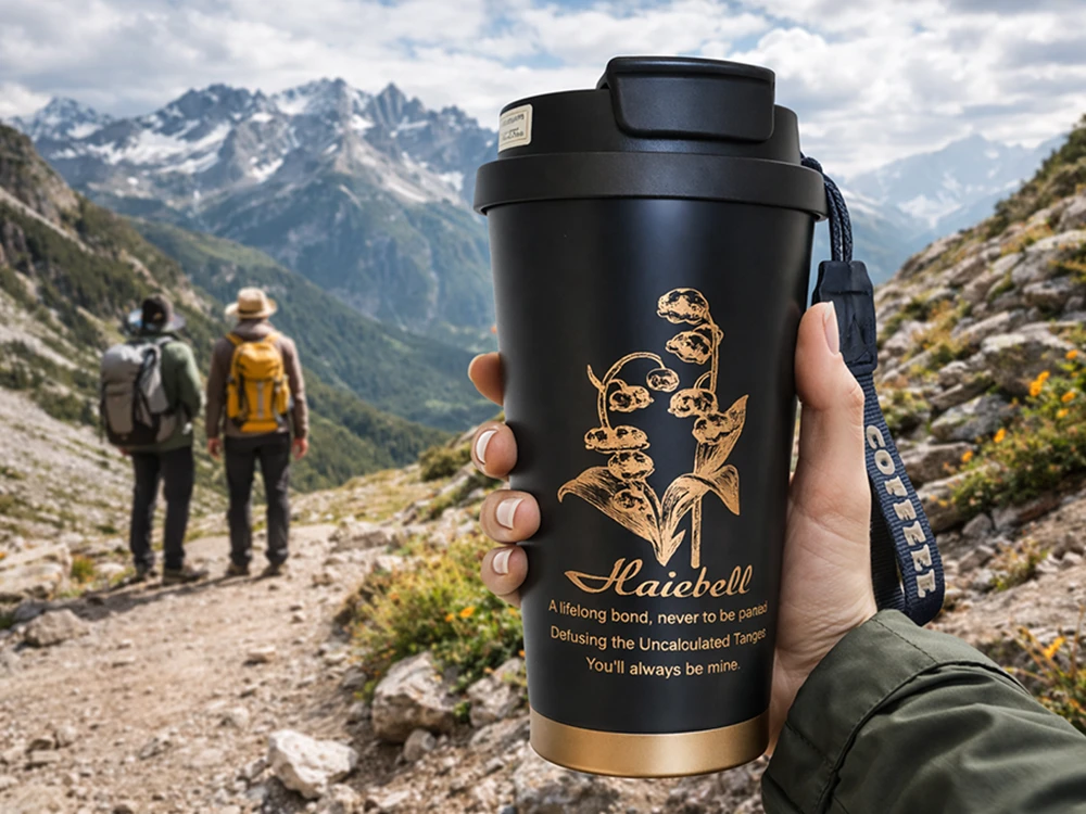 Aukštos kokybės termo puodelis su šiaudeliu, 530 ml, plienine rankena