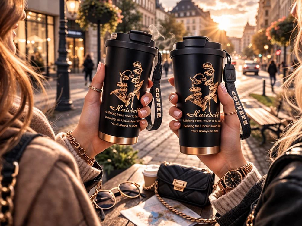 Aukštos kokybės termo puodelis su šiaudeliu, 530 ml, plienine rankena