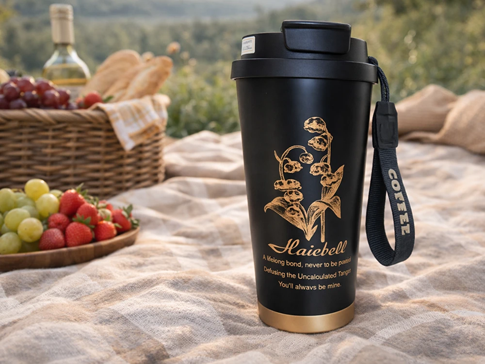 Aukštos kokybės termo puodelis su šiaudeliu, 530 ml, plienine rankena