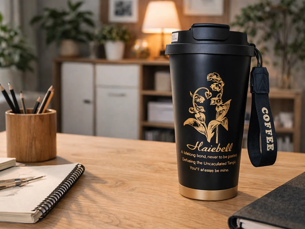 Aukštos kokybės termo puodelis su šiaudeliu, 530 ml, plienine rankena