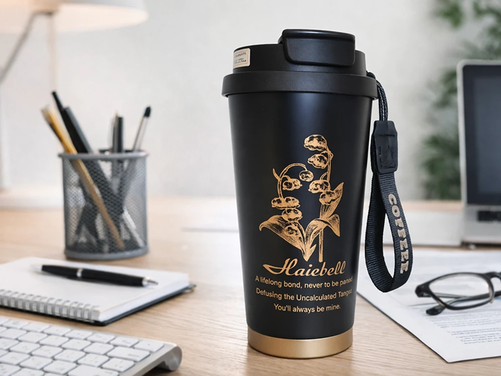 Aukštos kokybės termo puodelis su šiaudeliu, 530 ml, plienine rankena