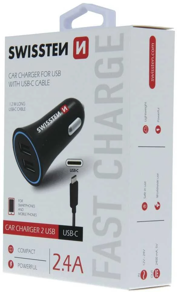 Automobilių įkroviklis 2.4a 2x USB + USB-C Swissten Cable