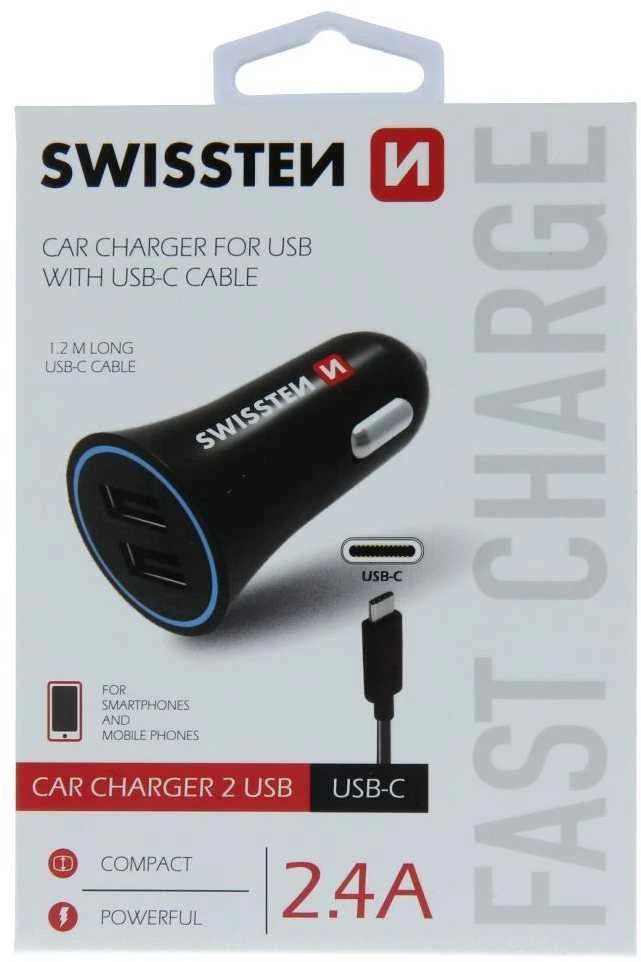 Automobilių įkroviklis 2.4a 2x USB + USB-C Swissten Cable