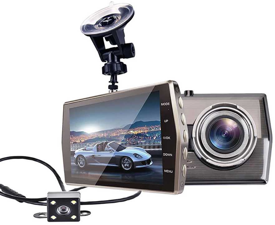 Vaizdo registratorius su LCD ekranu ir galinio vaizdo kamera