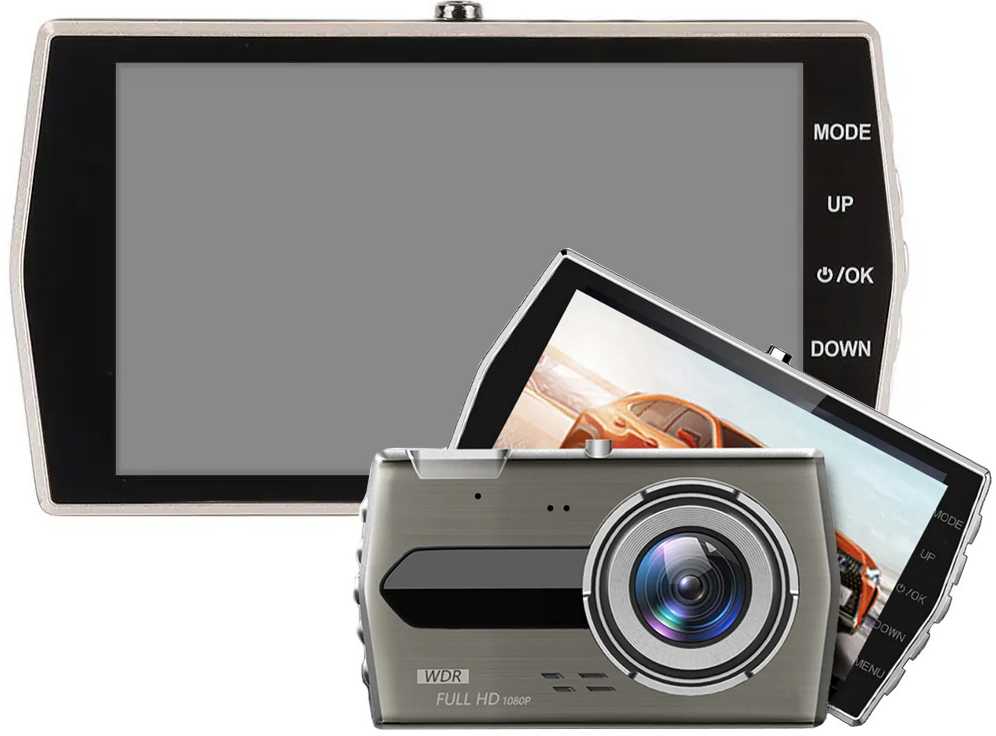 Vaizdo registratorius su LCD ekranu ir galinio vaizdo kamera