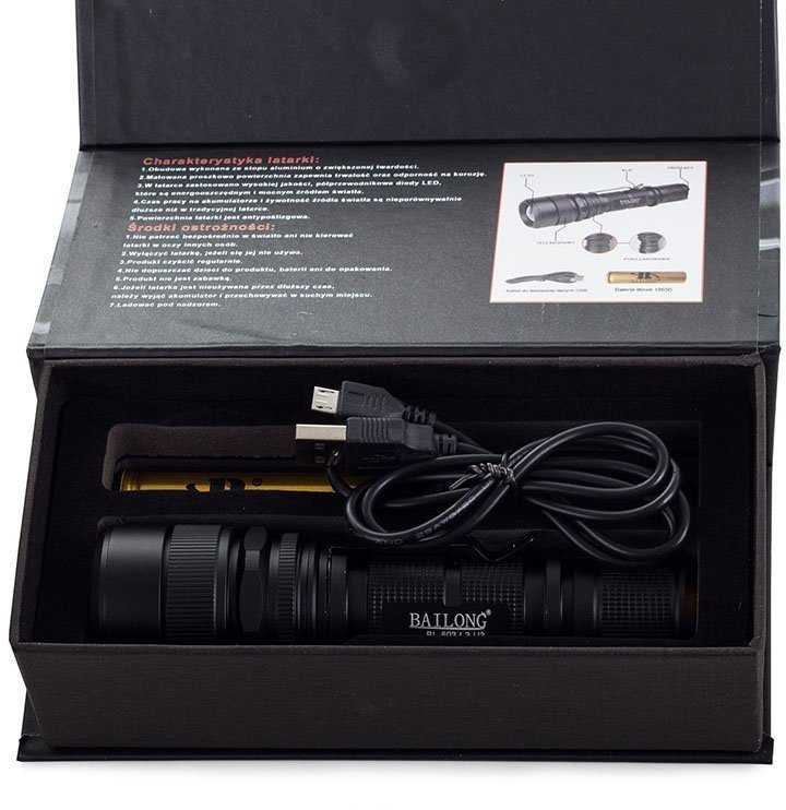 Žibintuvėlis Bailong 603 LED su CREE XM-L T6 dioda ir USB krovimu