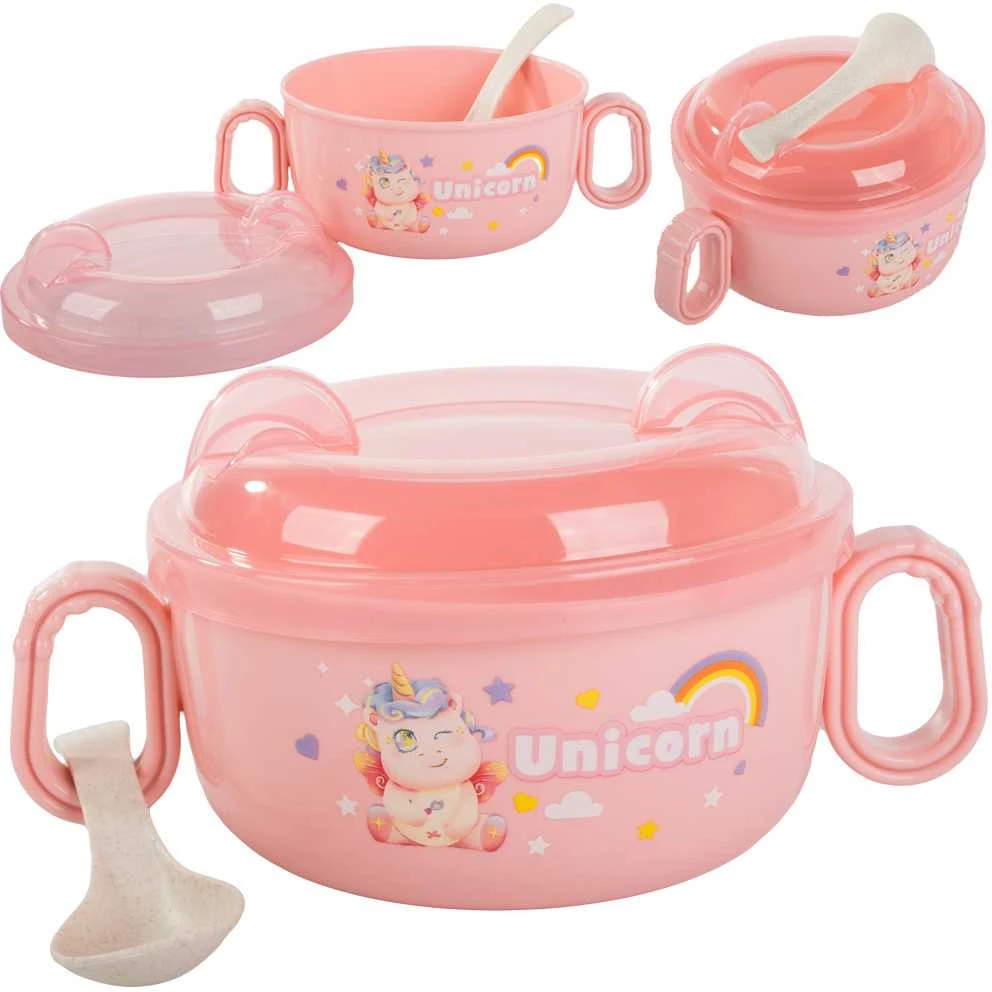 Vaikiškų indų rinkinys su dangteliu ir šaukšteliu, 600 ml