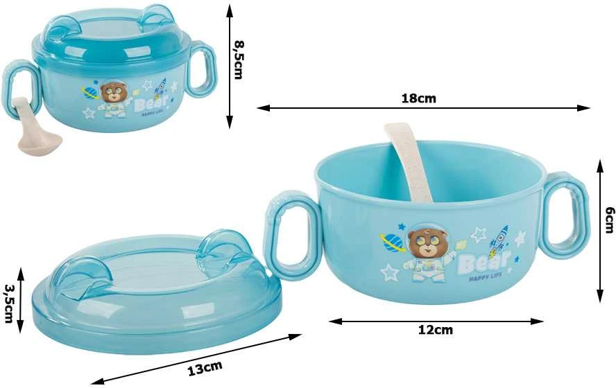 Vaikiškų indų rinkinys su dangteliu ir šaukšteliu, 600 ml