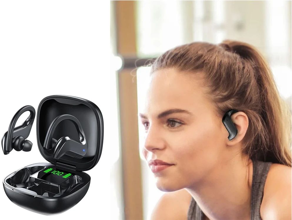 Bluetooth belaidės sportinės ausinės bėgimui, dėvimos ant ausų