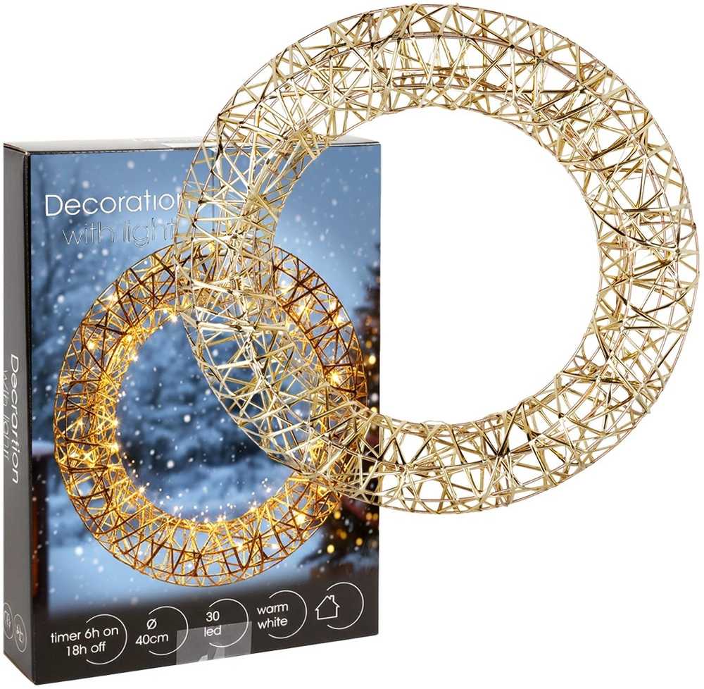 Dekoratyvinis Kalėdų vainikas 40 cm - Auksinis LED apšvietimas