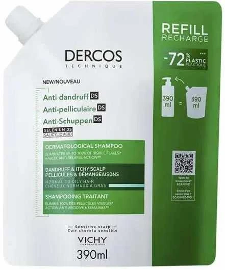 Vichy Dercos Nuo pleiskanų Normal To Oily Hair Dermatological Šampūnas Refill šampūno papildymas pleiskanojančiai, riebiai galvos odai, 390 ml