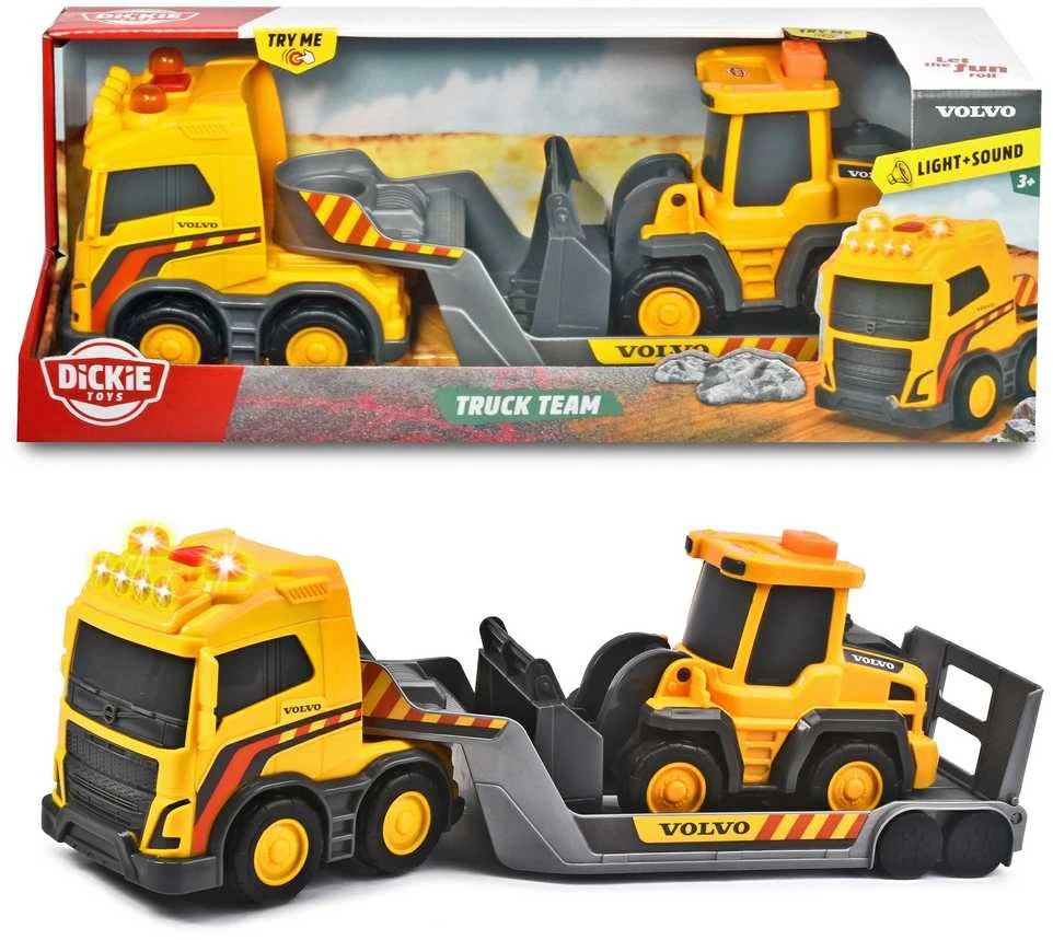 „Dickie“ automobilių vilkimo sunkvežimis su „Construction Volvo“ sunkvežimio komanda 32cm buldozeriu