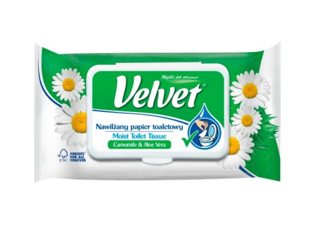 Velvet Drėkintas tualetinis popierius „Rumianek“ ir alavijo aksomas
