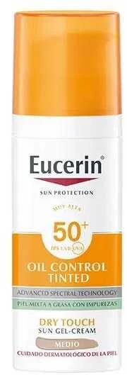 Eucerin Oil Control Dry Touch Gel Cream SPF 50+ Tinted Medium apsauginis kremas nuo saulės su atspalviu, 50 ml