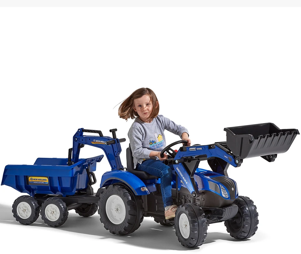 Pedalinis traktorius FALK New Holland su priekaba mėlynas