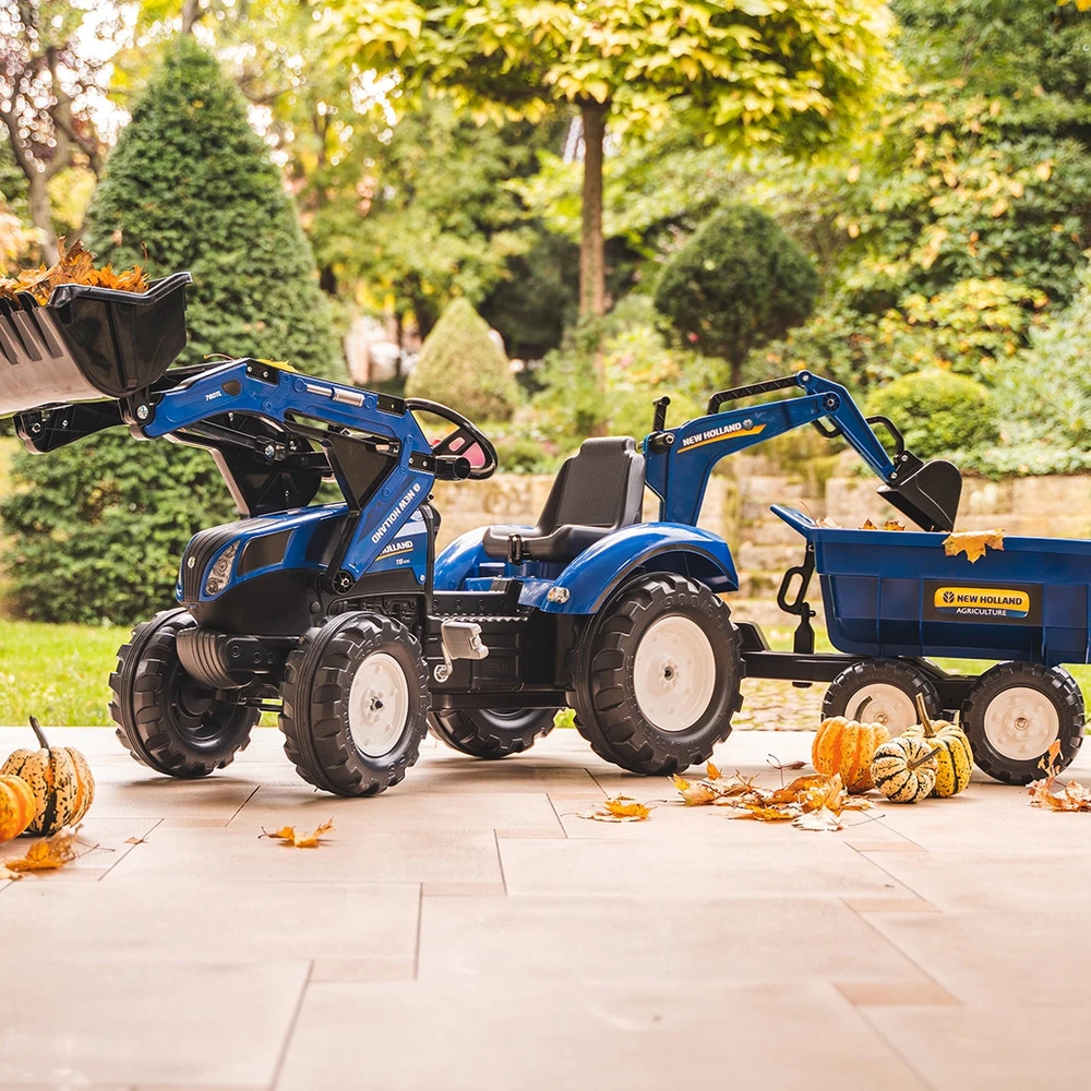 Pedalinis traktorius FALK New Holland su priekaba mėlynas