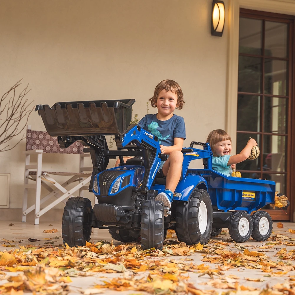 Pedalinis traktorius FALK New Holland su priekaba mėlynas