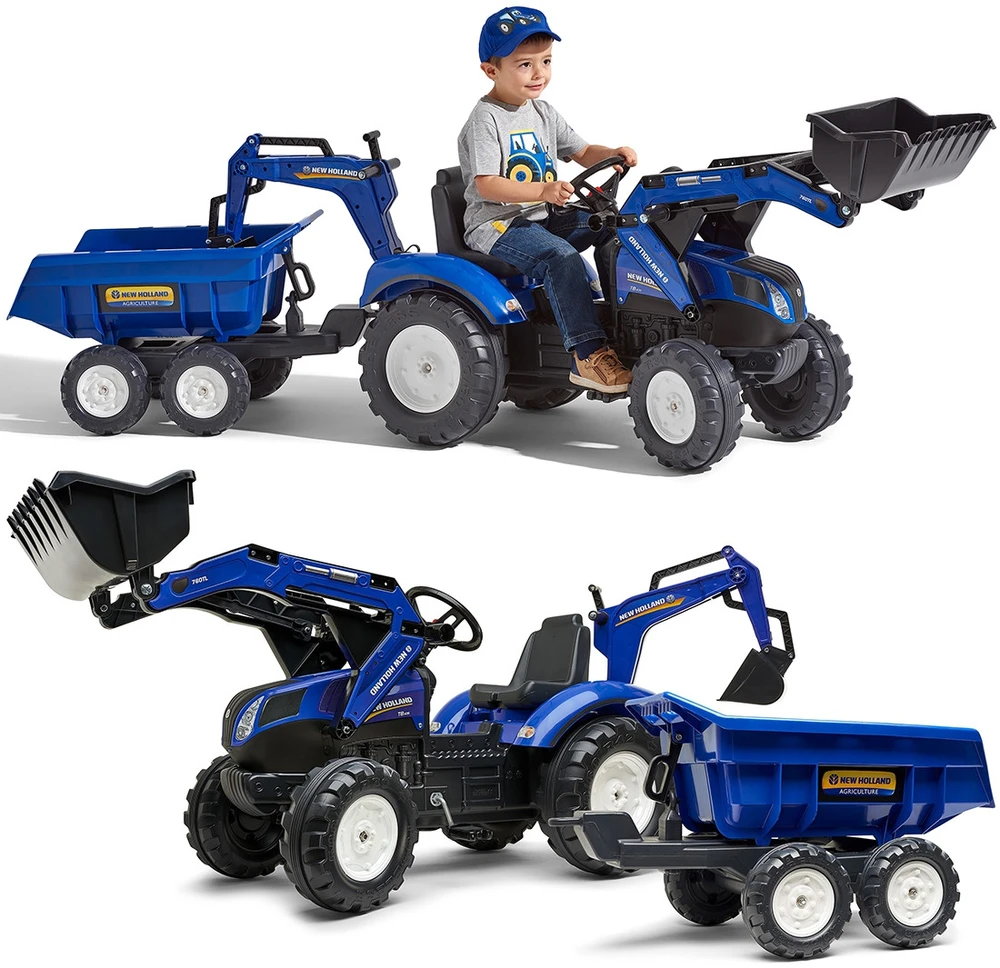 Pedalinis traktorius FALK New Holland su priekaba mėlynas