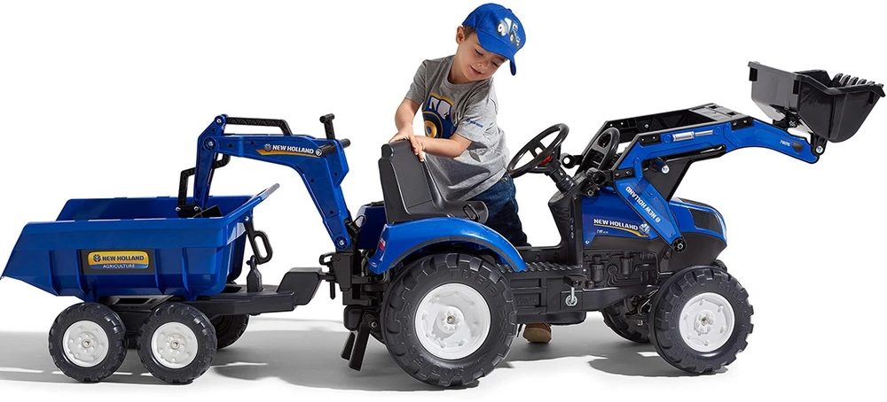 Pedalinis traktorius FALK New Holland su priekaba mėlynas