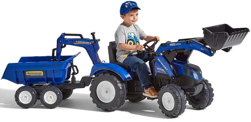Pedalinis traktorius FALK New Holland su priekaba mėlynas