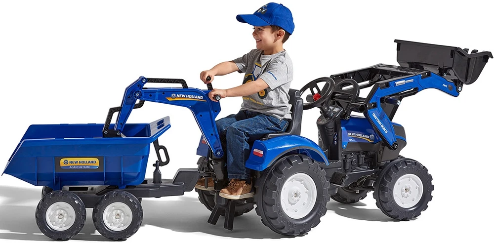 Pedalinis traktorius FALK New Holland su priekaba mėlynas