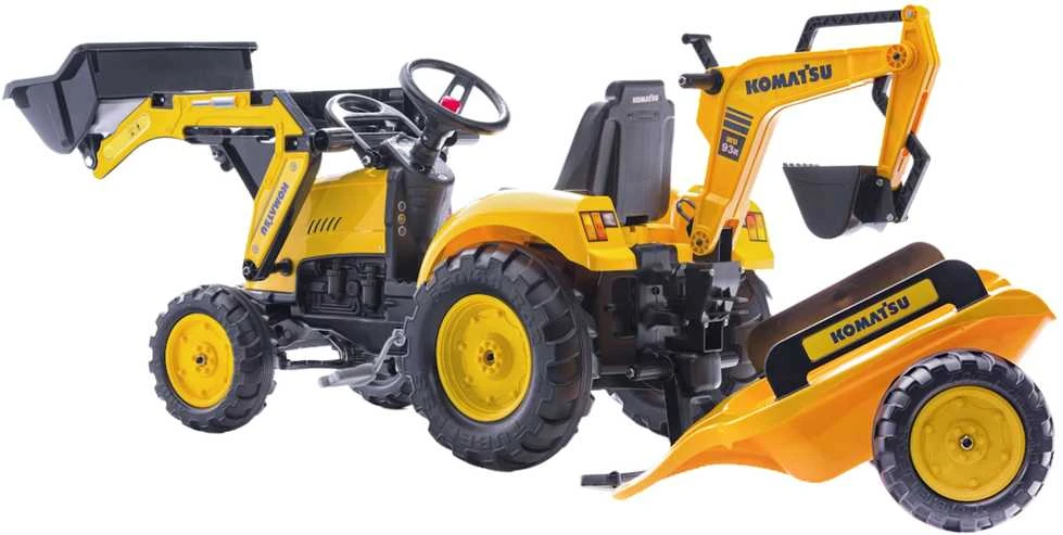 Pedalinis traktorius–ekskavatorius FALK KOMATSU su kaušu ir priekaba